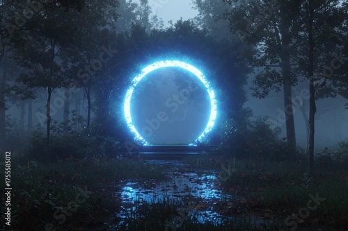 mystical holographic portal shaped like a ui screen glowing softly in the ethereal mist