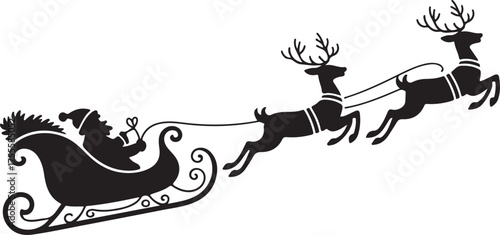 Santa Claus on sleigh flying sky with reindeers black vector silhouette on white background. illustration design for winter holiday decoration, Christmas greeting card and Happy new year