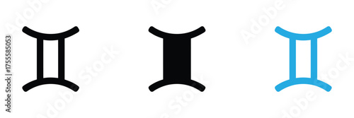 Astrology lovers, get this simple Gemini zodiac sign in black or blue for your projects,Three Gemini zodiac signs isolated on white background, black and blue glyph