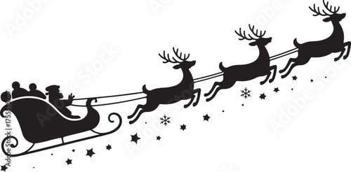 Santa Claus on sleigh flying sky with reindeers black vector silhouette on white background. illustration design for winter holiday decoration, Christmas greeting card and Happy new year