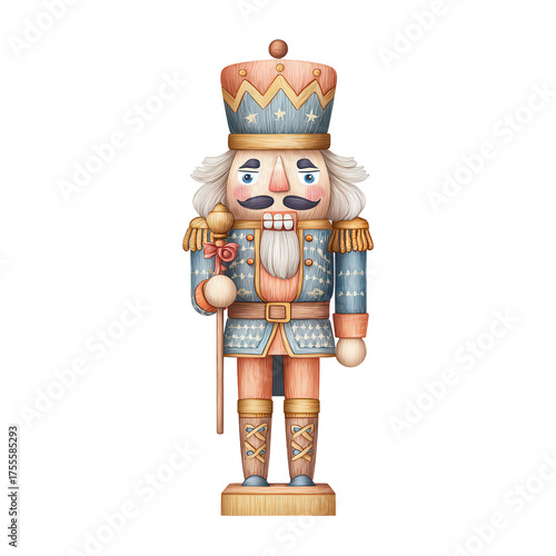 Colorful wooden nutcracker figure adorned in detailed military uniform, holding a flower, against a plain white background