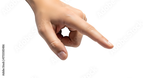 Close up of a human hand with index finger pointing down towards something unseen isolated on transparent background