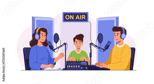 Illustration of people in a radio studio broadcasting live, a radio show