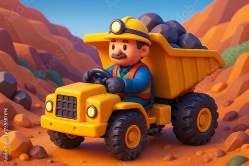 Cartoon-style miner driving yellow dump truck full of rocks through colorful rocky terrain under clear blue sky in daylight scene. Ai generative