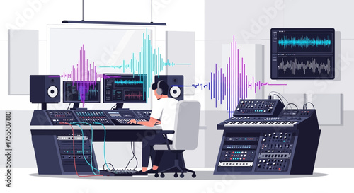 Modern Music Production Studio with Audio Engineer Creating Electronic Music