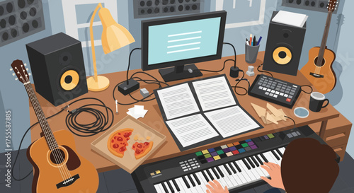 Creative music workspace with instruments, digital tools, and late-night fuel