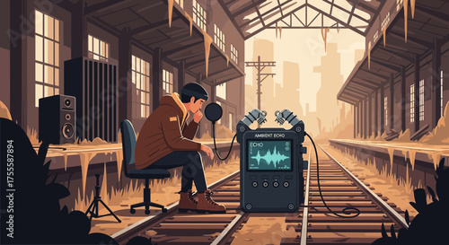 Urban Audio Recording: Podcaster capturing sound in abandoned train station atmosphere