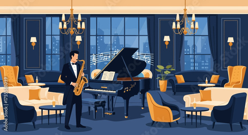 Elegant jazz performance in a luxurious lounge with piano and saxophone