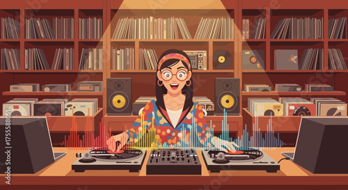 Enthusiastic woman DJ mixing vinyl records in a cozy retro music room