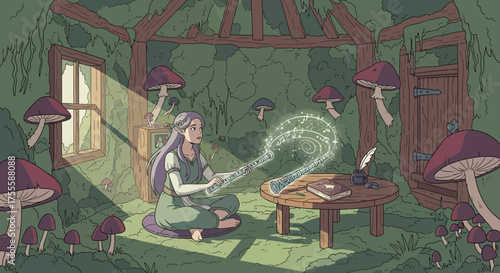 Enchanting forest scene with elf playing magical flute, surrounded by mushrooms