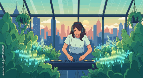 Creative dj mixing music in urban greenhouse with cityscape view, digital art