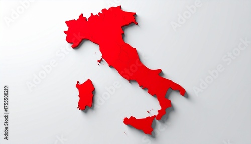 Red three-dimensional map of Italy, highlighting its distinctive boot shape and major islands on a clean white background, representing European geography