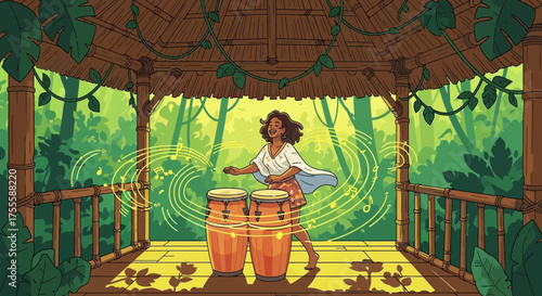 Animated woman playing conga drums in a verdant jungle pavilion setting