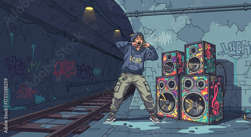 Street musician makes music in a subway tunnel creating a unique urban soundscape