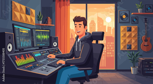 Enthusiastic music producer working in a vibrant and modern home recording studio