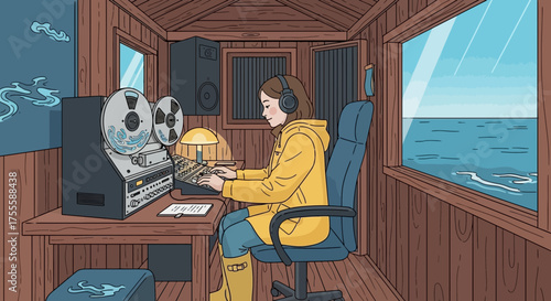 Woman Working in Seaside Cabin Studio with Audio Equipment and Ocean View
