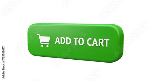 Green 3d add to cart button with shopping cart icon and text isolated on transparent background