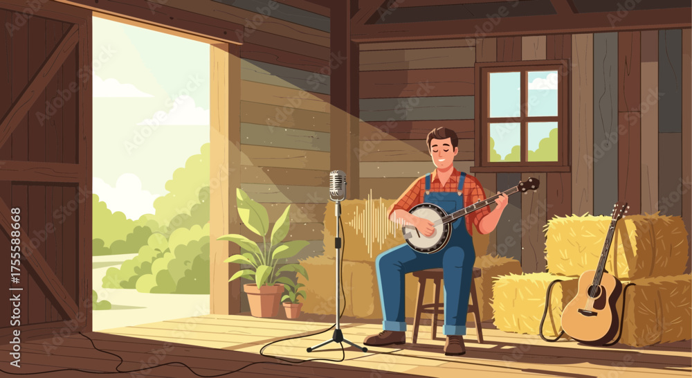Fototapeta premium Banjo player capturing rural soundscapes inside rustic countryside barn setting