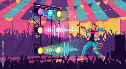 Energetic illustration of a pop music concert performance on a stage