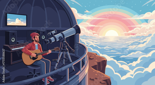 Man playing guitar inside observatory, overlooking a rainbow and the sea of clouds