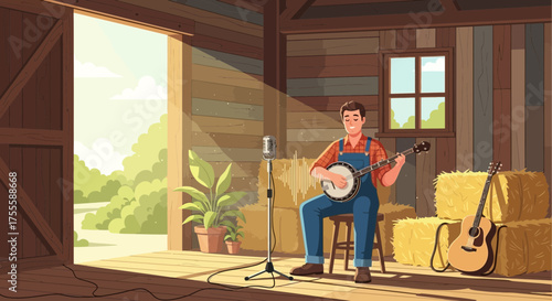 Banjo player capturing rural soundscapes inside rustic countryside barn setting