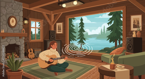 Serene acoustic session in a cozy cabin overlooking scenic nature vista