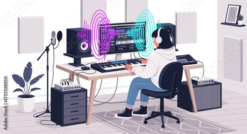 Musician immersed in music production within a soundproofed personal studio space