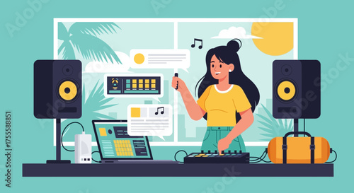 Woman creatively composing music using technology in a vibrant, modern studio setting