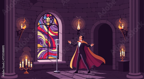 Enigmatic performance: A vocalist serenades within the gothic grandeur of stone walls