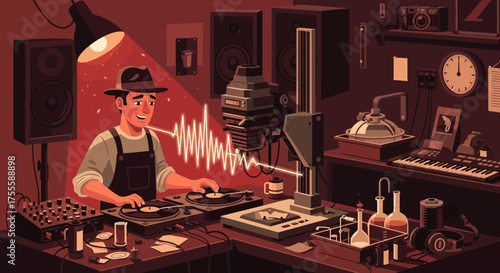 Retro audio engineer immersed in studio magic, crafting sonic waves with passion
