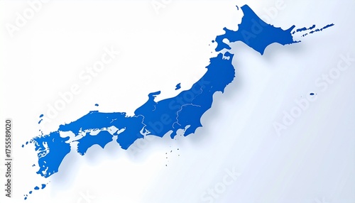 Detailed Map of Japan in Blue on a Clean White Background, Contemporary Illustration of Japan's Archipelago with Subtle Shadow Effects