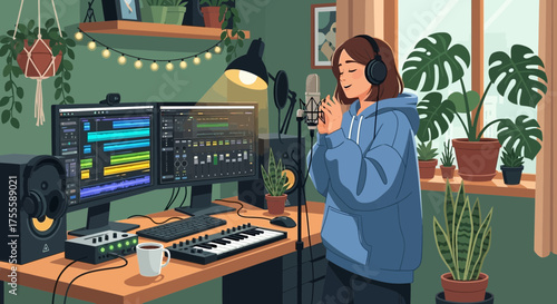 Young music creator enthusiastically recording vocals in a vibrant home studio setup