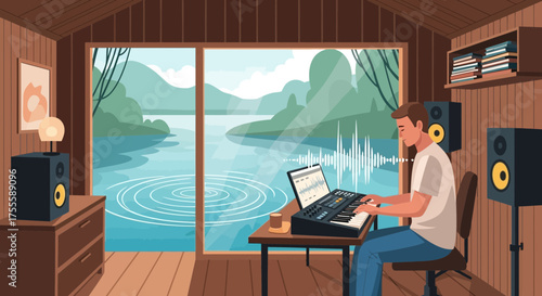 Creative sanctuary: musician composing music in a lakeside cabin with a view