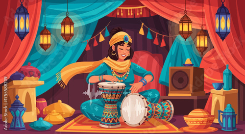 Illustration of a woman playing ethnic drums inside a decorated tent setting