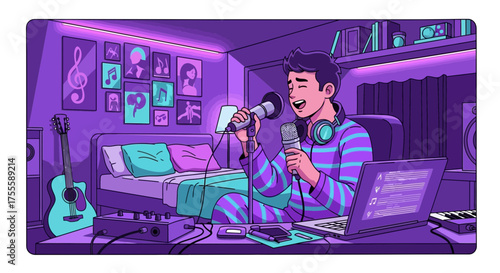 Young musician passionately singing in his cozy bedroom music studio setting