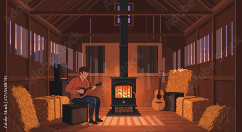 Cozy barn scene: A man playing mandolin by the fireplace surrounded by hay bales