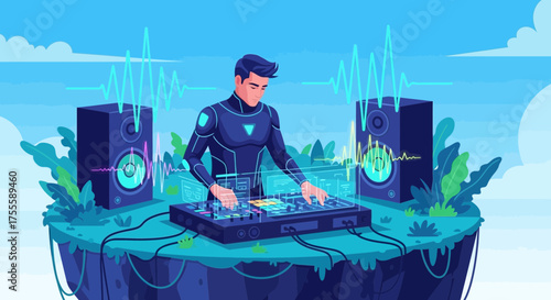 Futuristic DJ creating music on a floating island soundscape illustration