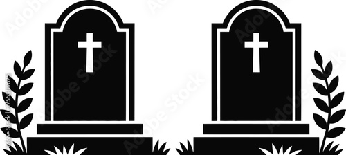 Two solemn gravestones with crosses stand side-by-side in a peaceful cemetery setting.