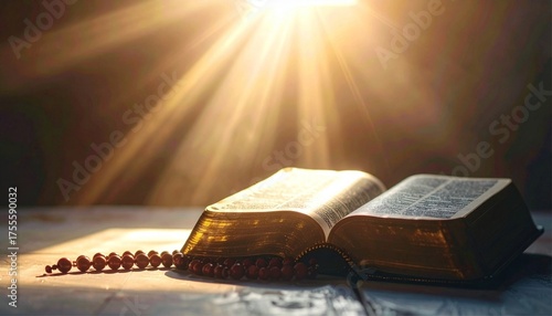 Bright light beam shining on an old bible with a rosary laying in front of it.