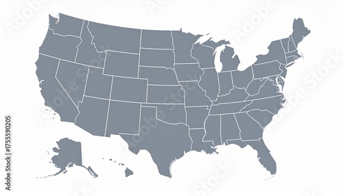 United States of America Map with State Borders, Depicting the Contiguous USA, Alaska and Hawaii ,Political Map of the USA, Featuring State Boundaries and Geographic Detail