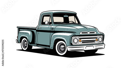 Classic vintage teal pickup truck isolated on white background, representing nostalgia and automotive heritage.
