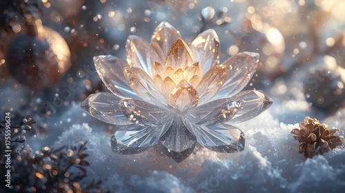 Crystal lotus flower in winter wonderland celebrating christmas holiday with delicate petals enchanted environment