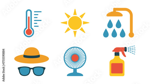 Summer heat relief icons: thermometer, sun, shower, hat, fan, and spray bottle