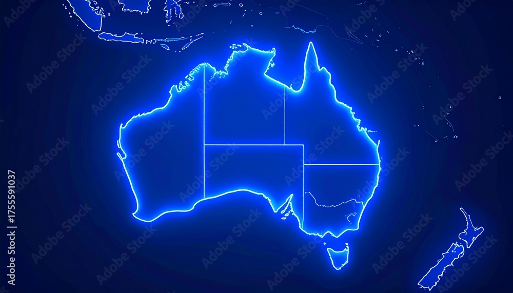 Obraz premium Electric Blue Australia, A Neon Glow Map of the Oceania Continent and Surrounding Islands