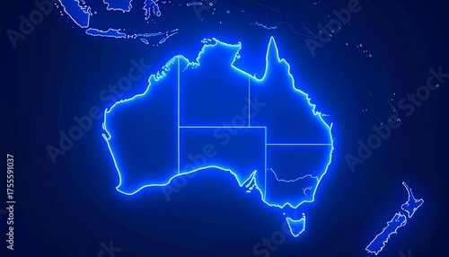 Electric Blue Australia, A Neon Glow Map of the Oceania Continent and Surrounding Islands