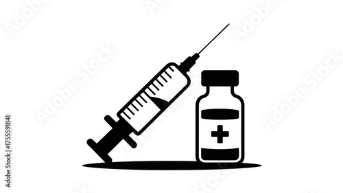 Medical syringe and vial with plus symbol, symbolizing vaccination and healthcare
