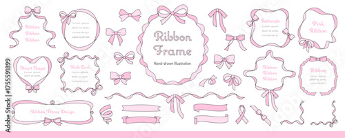 手描きのリボンフレームセット ピンク / 手書き、イラスト