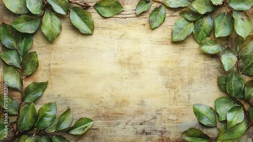 Green Foliage Frame on Weathered Wood Surface for Natural and Organic Designs