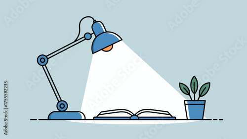 Desk lamp illuminates an open book and potted plant on a clean surface, symbolizing focus and learning.