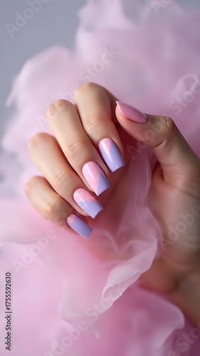 Beautiful pastel nail design with smooth gradient on elegant hands amidst soft pink background